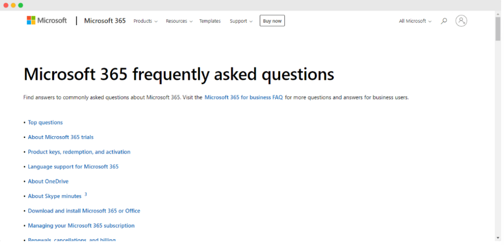 Microsoft FAQ page